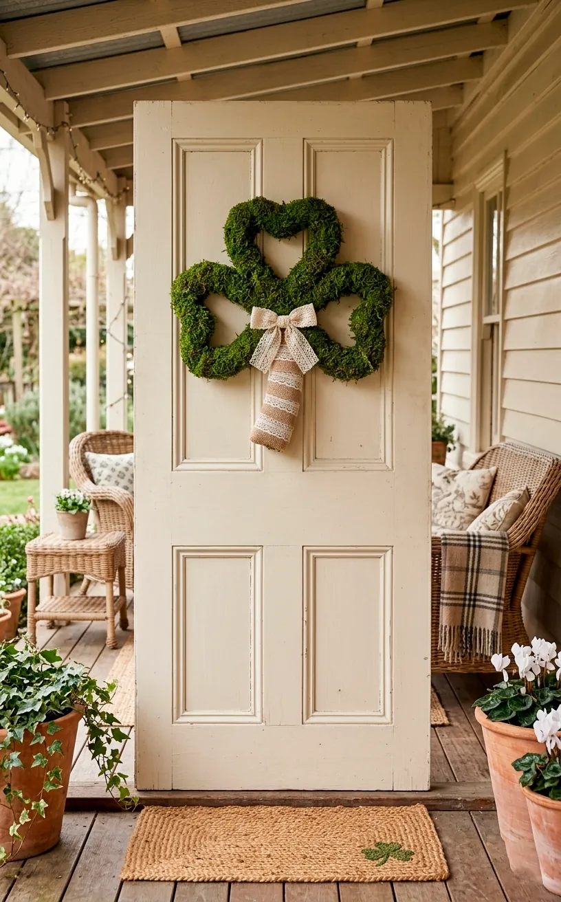 Farmhouse-style moss shamrock wreath with burlap and lace accents on a cream door.