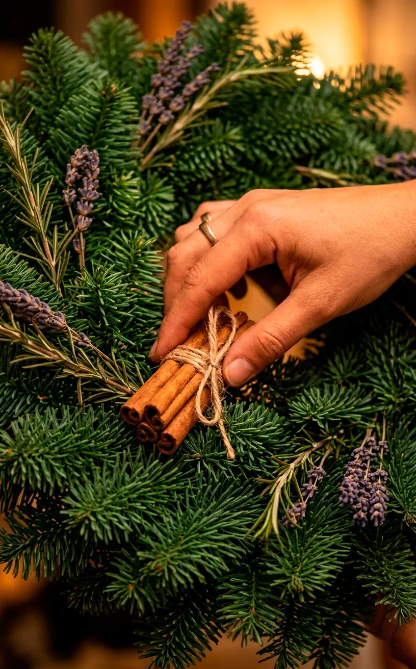 Adding scented cinnamon sticks and herbs to a front door wreath.