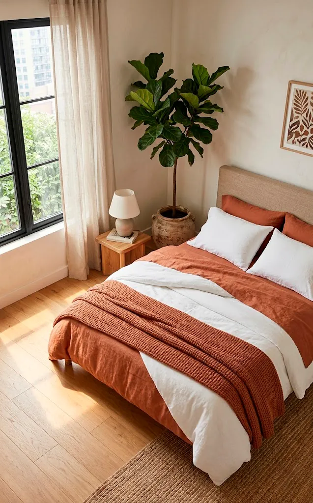 Diagonal bed placement in a square bedroom to create a unique flow and storage space.