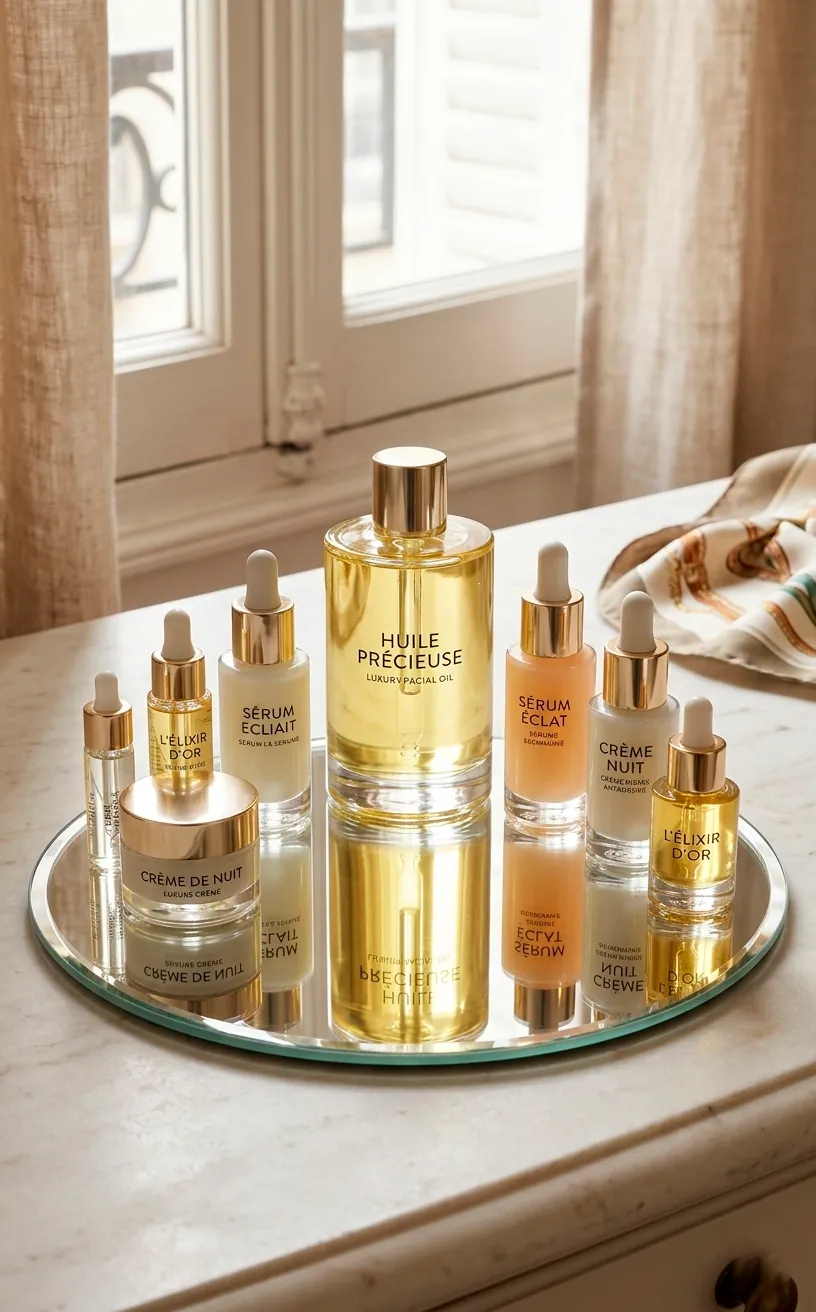 Chic luxury skincare glass bottles with clean minimalist labels arranged neatly on a mirrored tray.