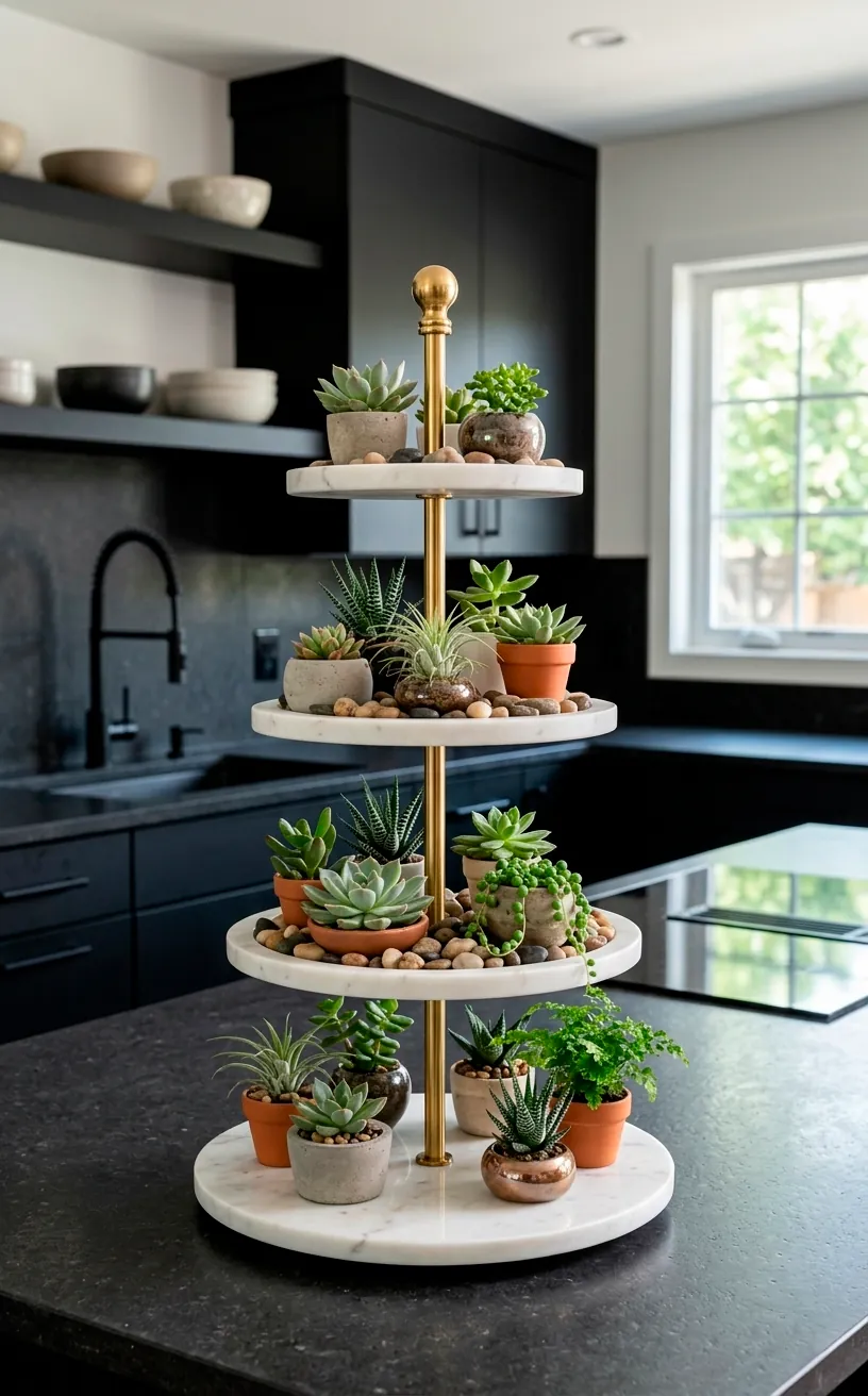 Three-tier marble dessert stand repurposed as a luxury countertop succulent garden.