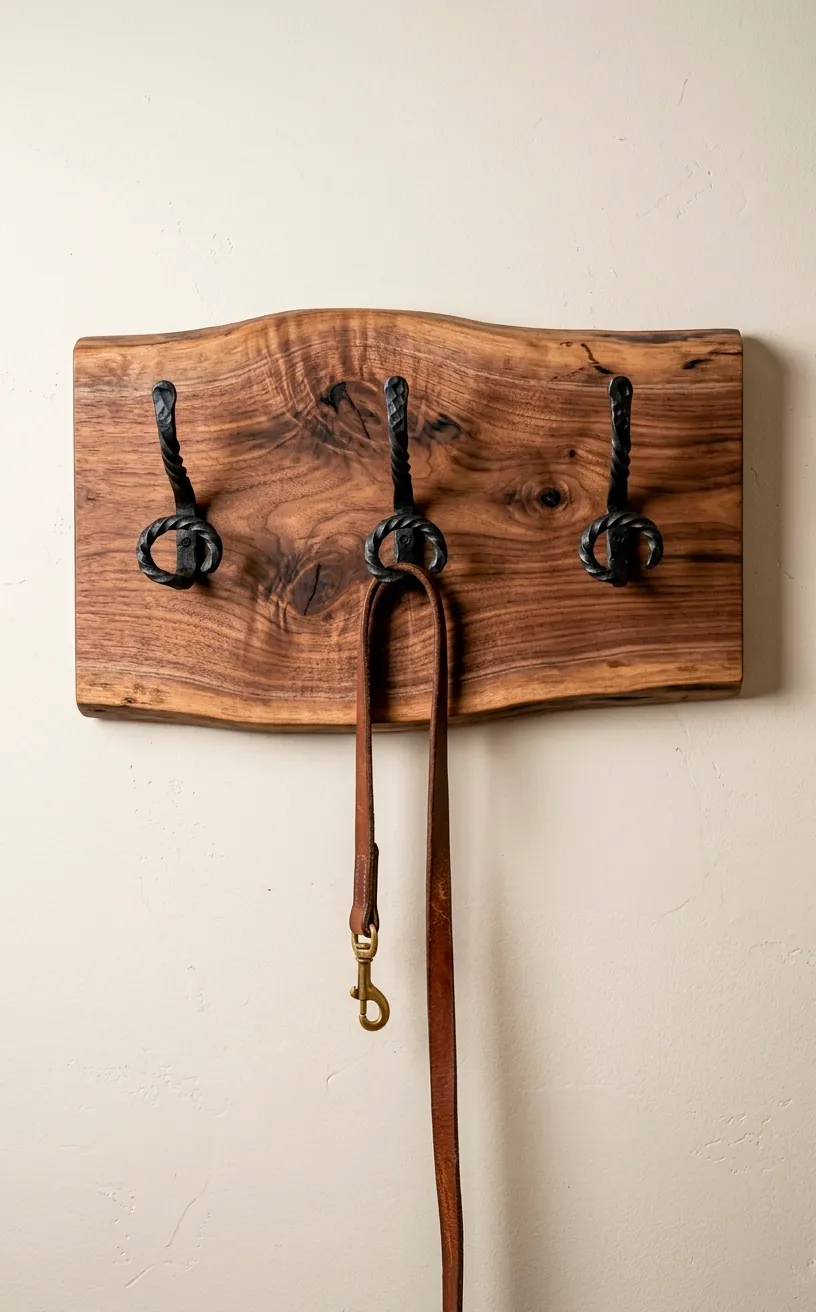Custom coat rack with wrought iron hooks mounted on a live-edge walnut wood slab against a cream wall.