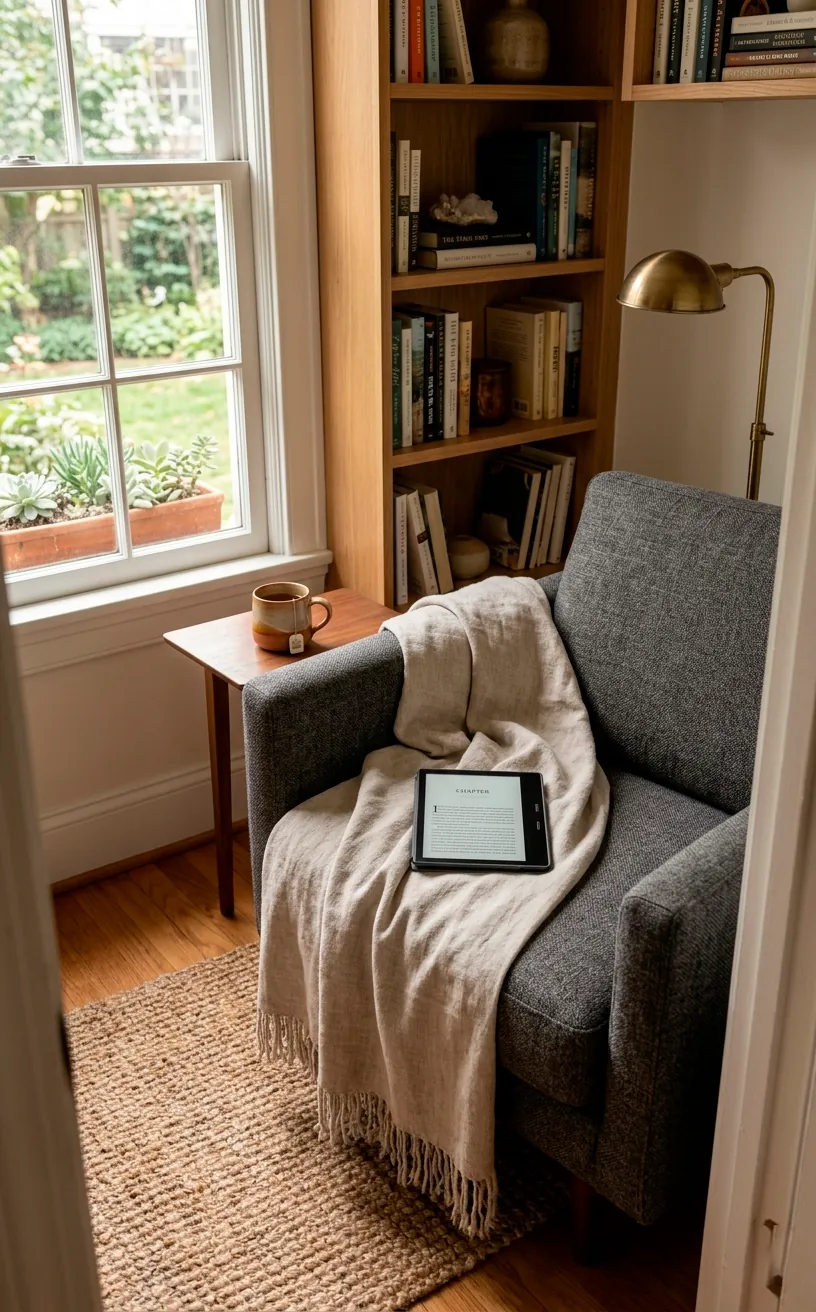 Electronic e reader on a linen blanket in a small space cozy reading nook promoting digital minimalism.