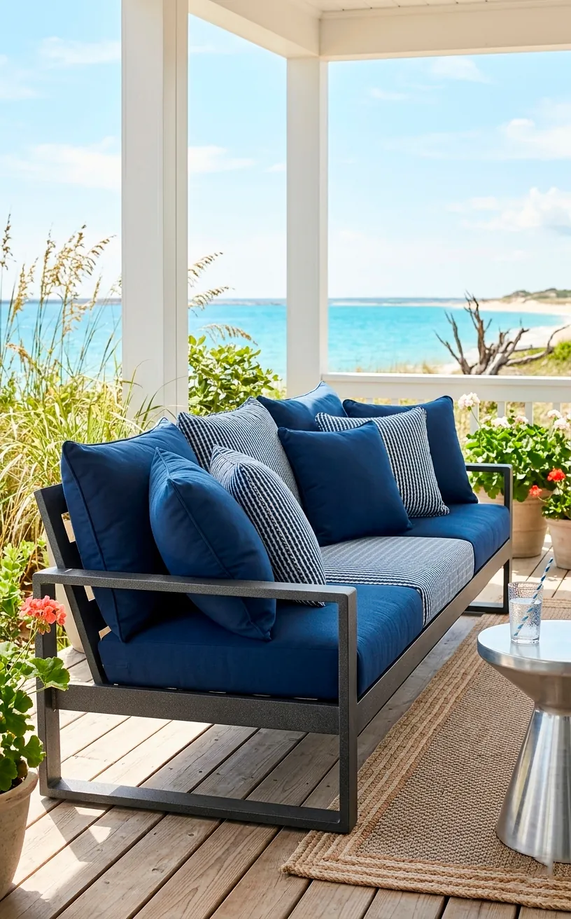 A durable powder-coated aluminum sofa with fade-resistant navy and white cushions.