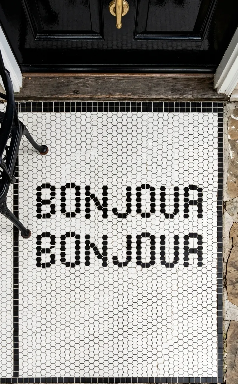 Black and white hex tile mosaic doormat spelling Bonjour at a classic front door.