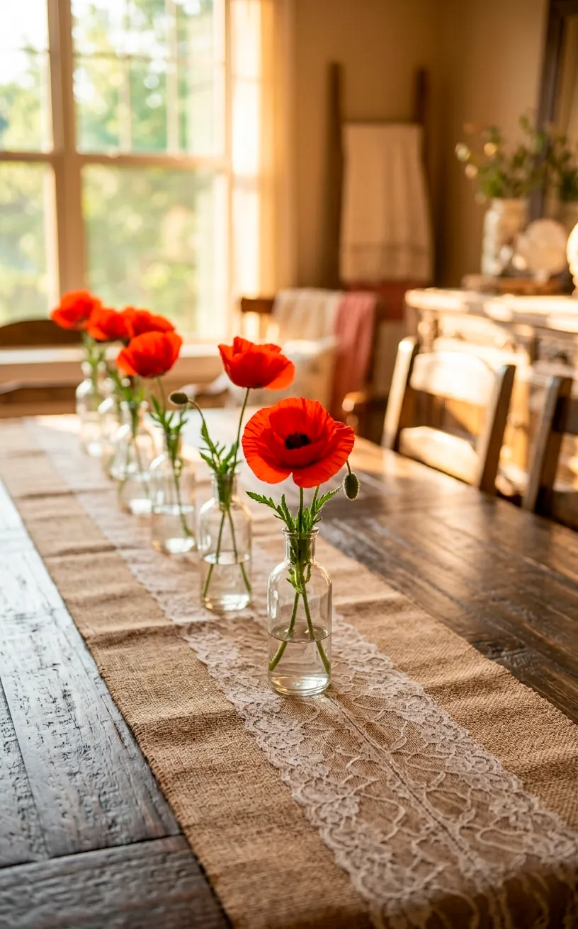 Red poppy centerpiece with bud vases on a burlap and lace runner.