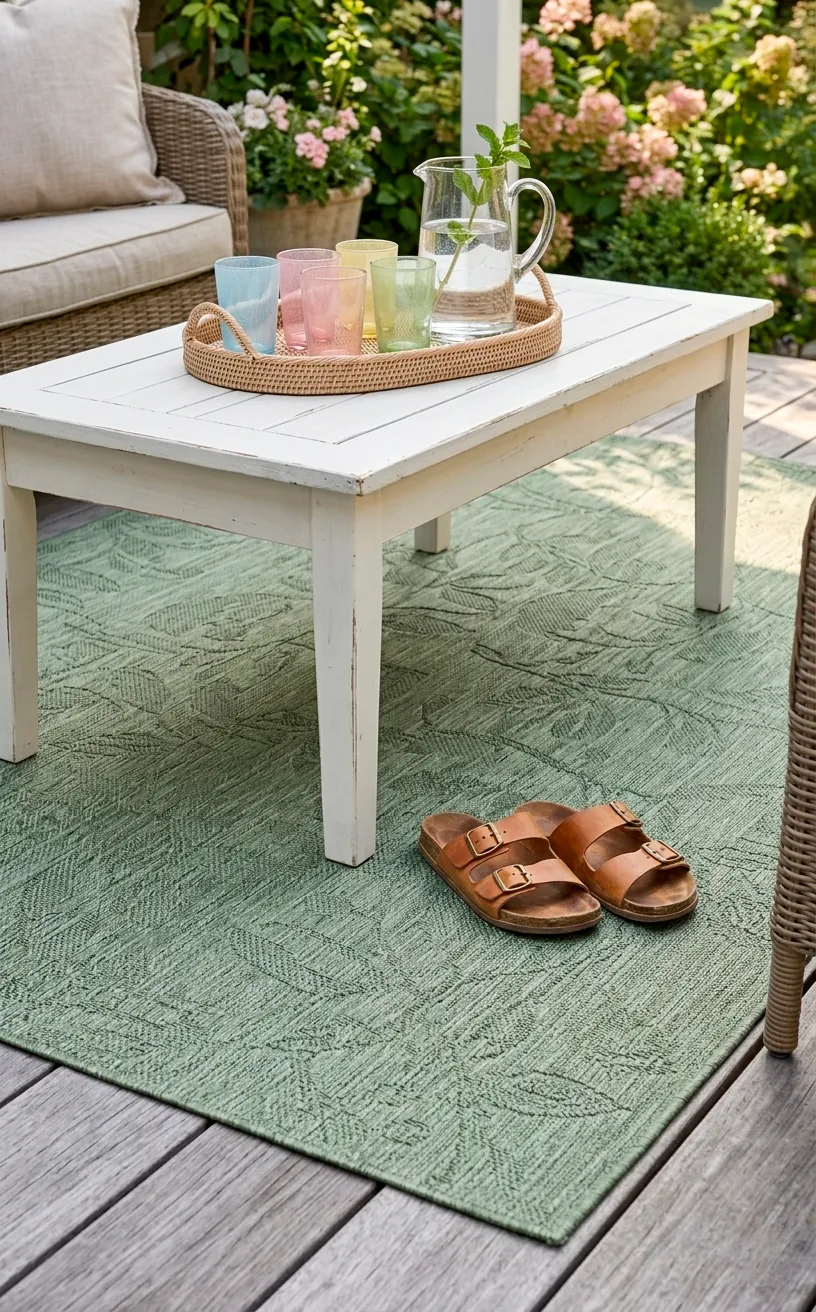 Sage green outdoor rug with botanical patterns under a porch table.