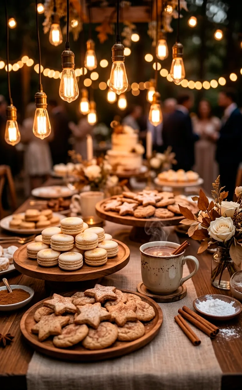 Cozy cinnamon and cream themed wedding dessert table with hot cocoa.