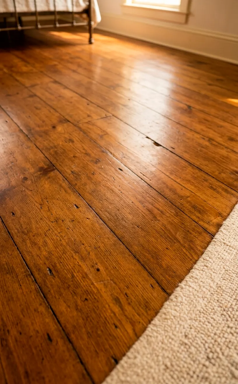 Distressed wide plank wooden flooring stained in a rich gingerbread tone.