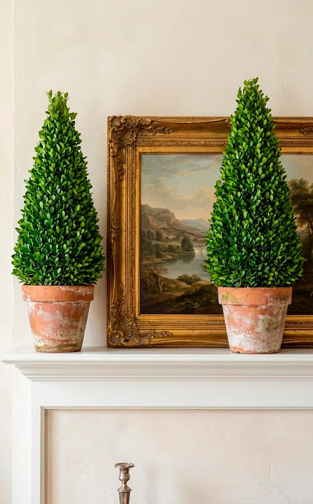 Pair of boxwood topiaries in terracotta pots on a white mantel.