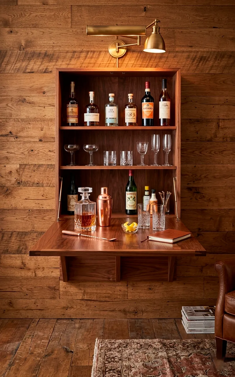 Wall-mounted wooden Murphy bar cabinet opened up into a drink mixing table station.