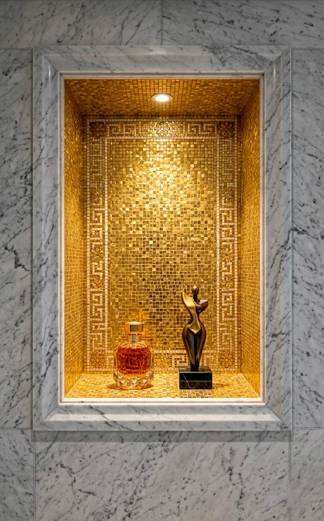 Recessed marble wall niche with gold mosaic tile inlay and decorative bottle.