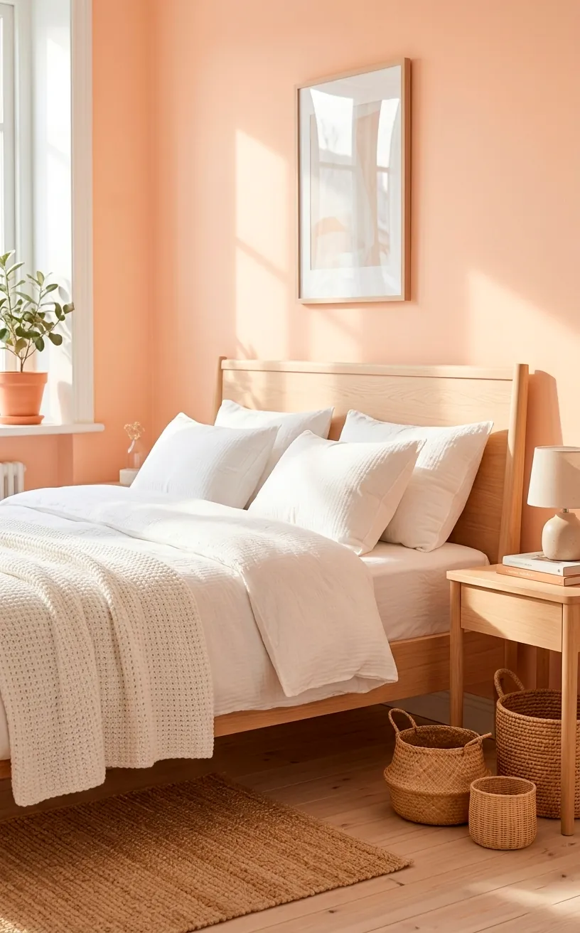 A bright Scandinavian style guest bedroom with soft peach walls and light oak furniture.