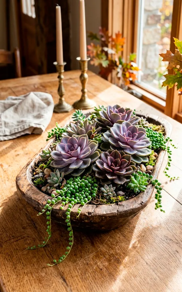 A rustic wooden dough bowl filled with vibrant echeveria succulents sitting on a sunlit oak dining table.
