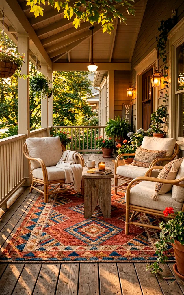 Vibrant geometric outdoor rug on a summer porch with comfortable wooden seating and bright, warm sunlight.
