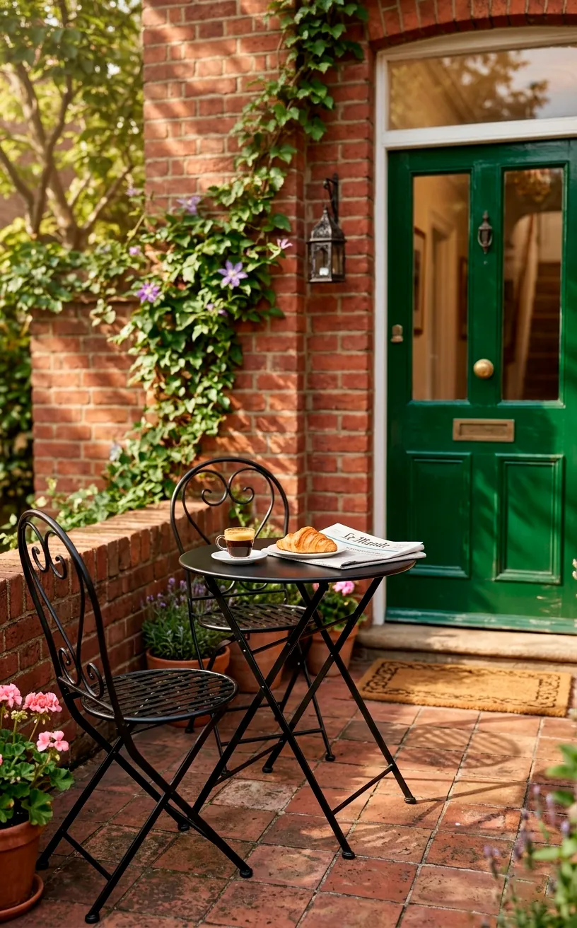 Classic metal folding bistro table and chairs on a small front porch with coffee.