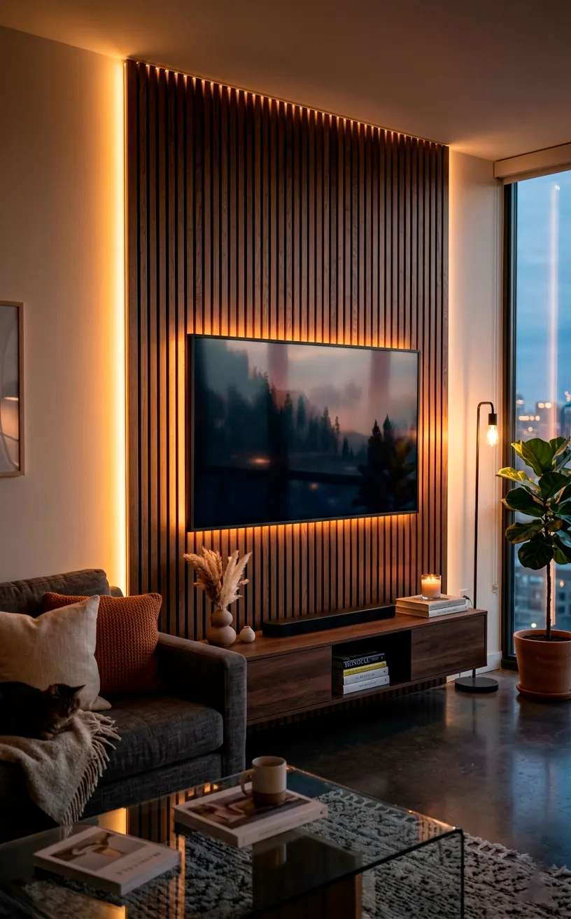 Luxury living room with a glowing backlit wood slat TV wall at night.