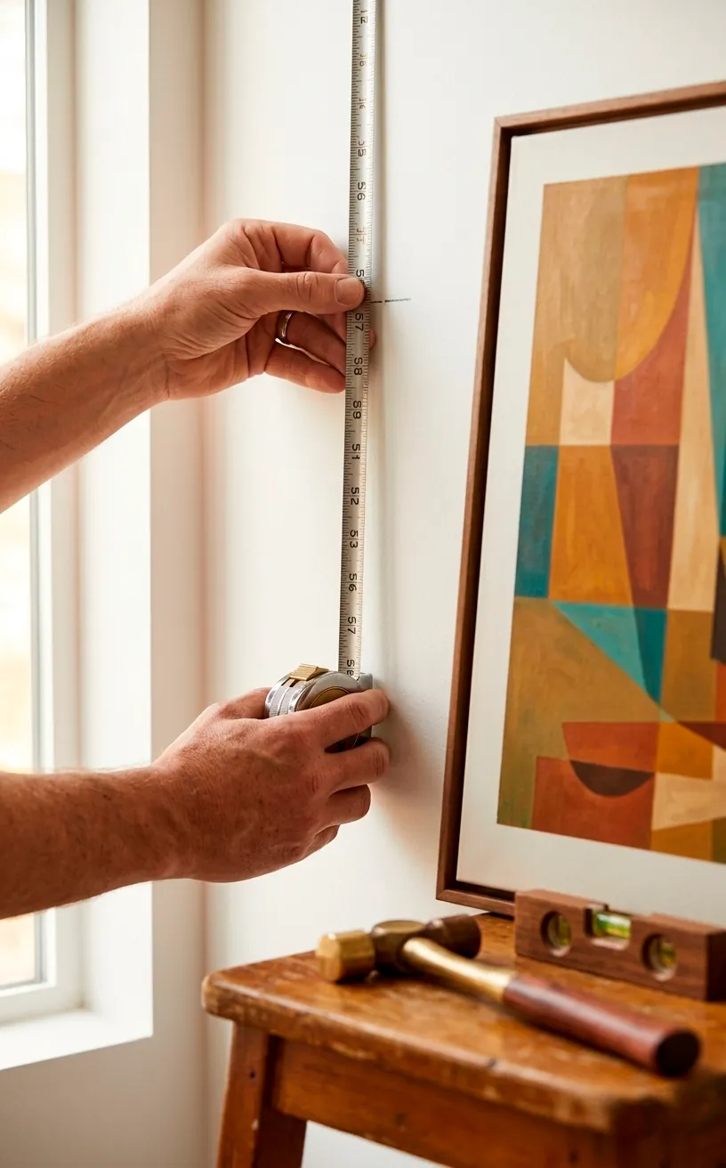 Hand measuring 57 inches on a wall for perfect art placement with a mid-century painting nearby.