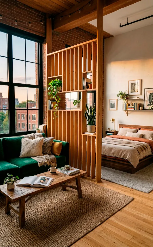 Studio apartment layout showing defined living and sleeping zones using rugs and dividers.