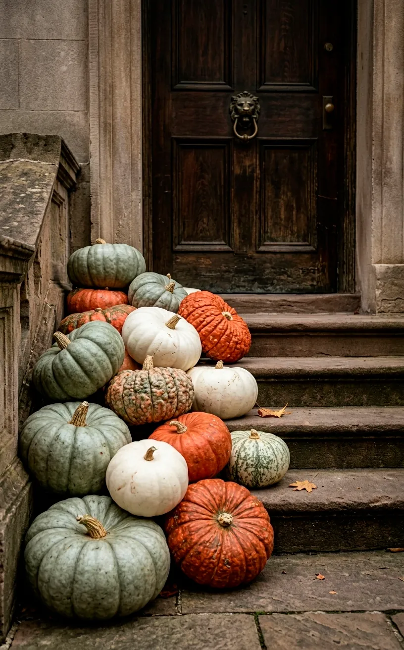 Mismatched heirloom pumpkins and gourds in muted colors clustered on stone porch steps.