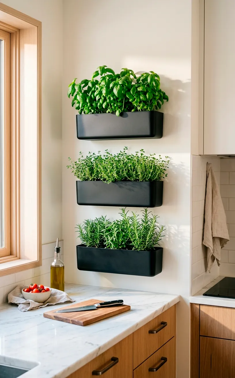 Modern sleek wall-mounted self watering planters with fresh kitchen herbs above a clean marble counter.