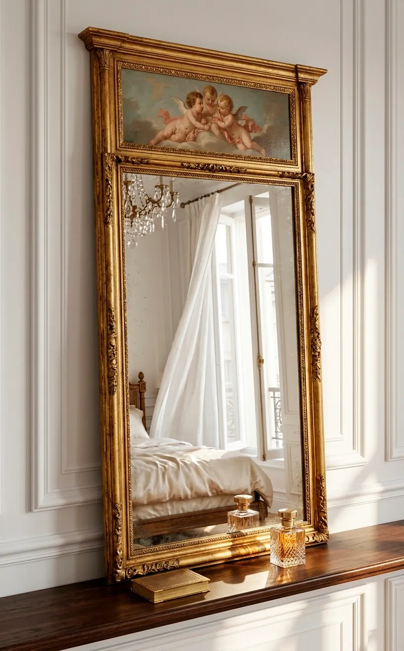 An ornate antique gold Trumeau mirror leaning against a white paneled wall in a sunlit bedroom.