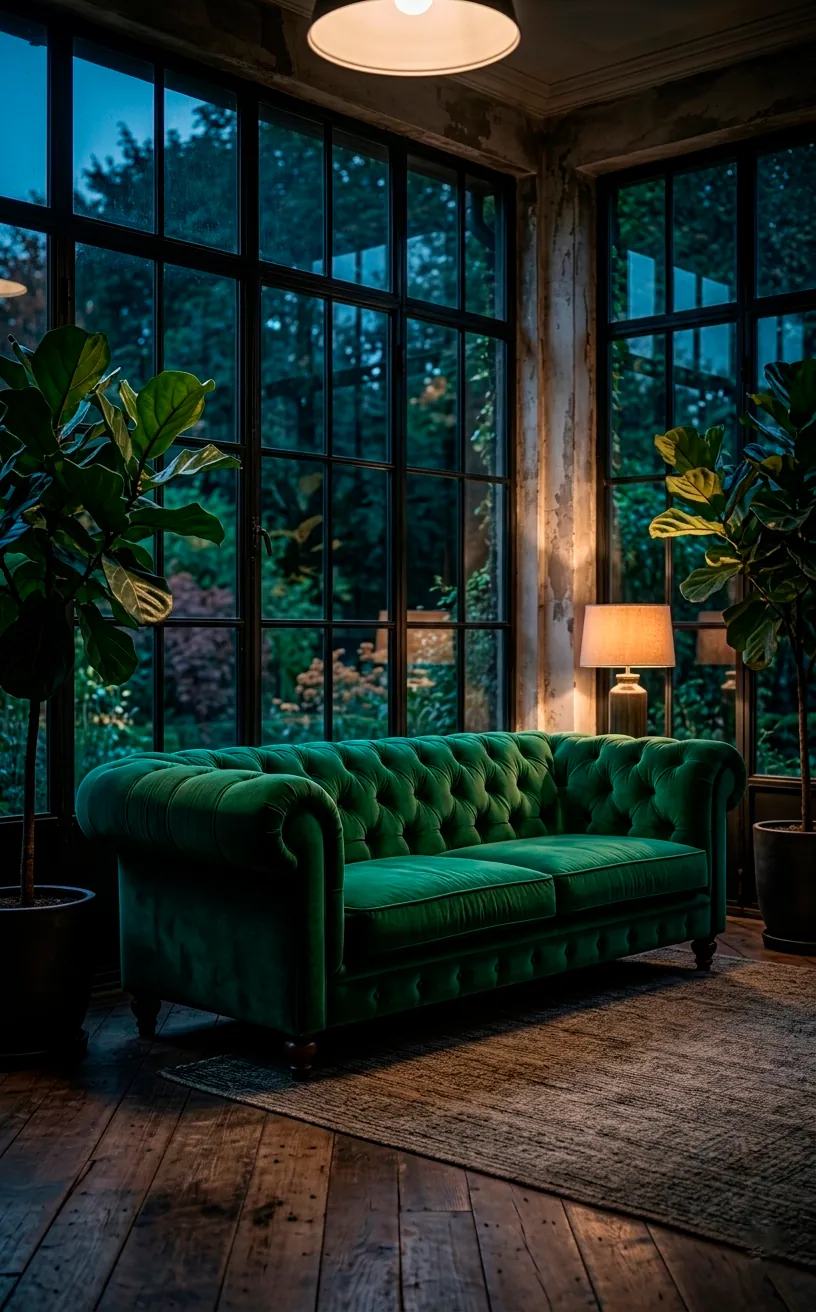 Vertical shot of an emerald green velvet Chesterfield sofa in a dark, moody sunroom setting.