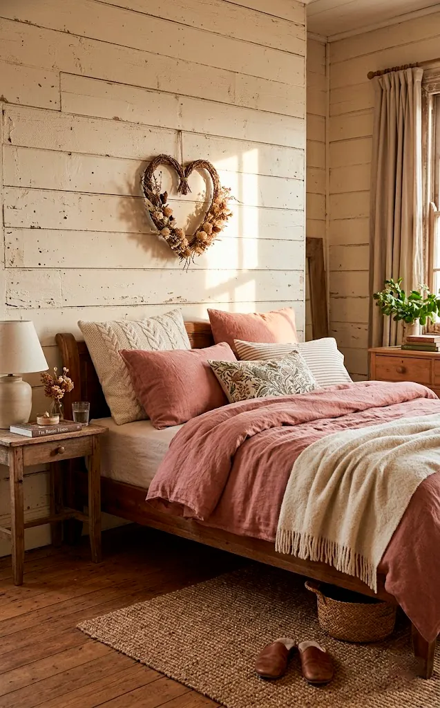 Rustic bed layered in dusty rose and cream linens against a shiplap wall.