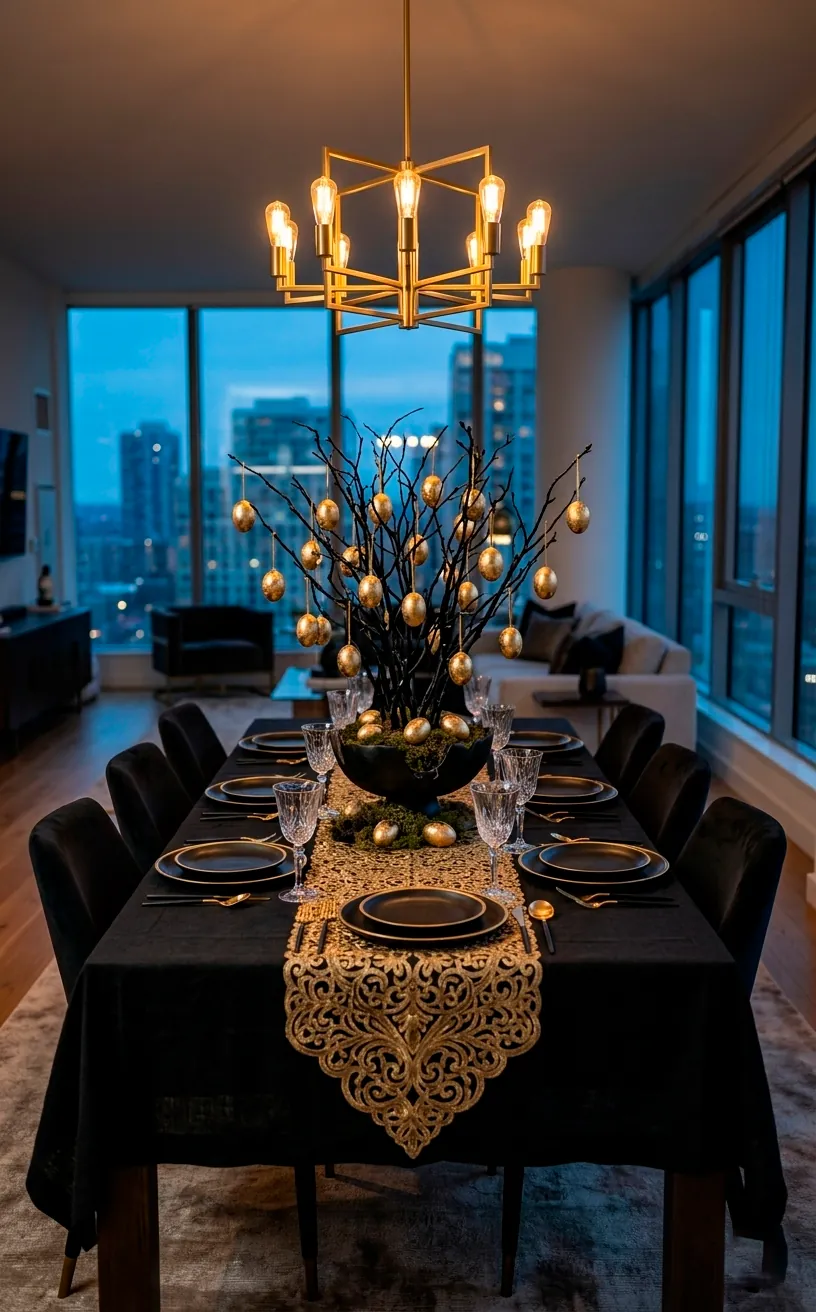 Hero shot of a formal dining room with a matte black and gold Easter tablescape.