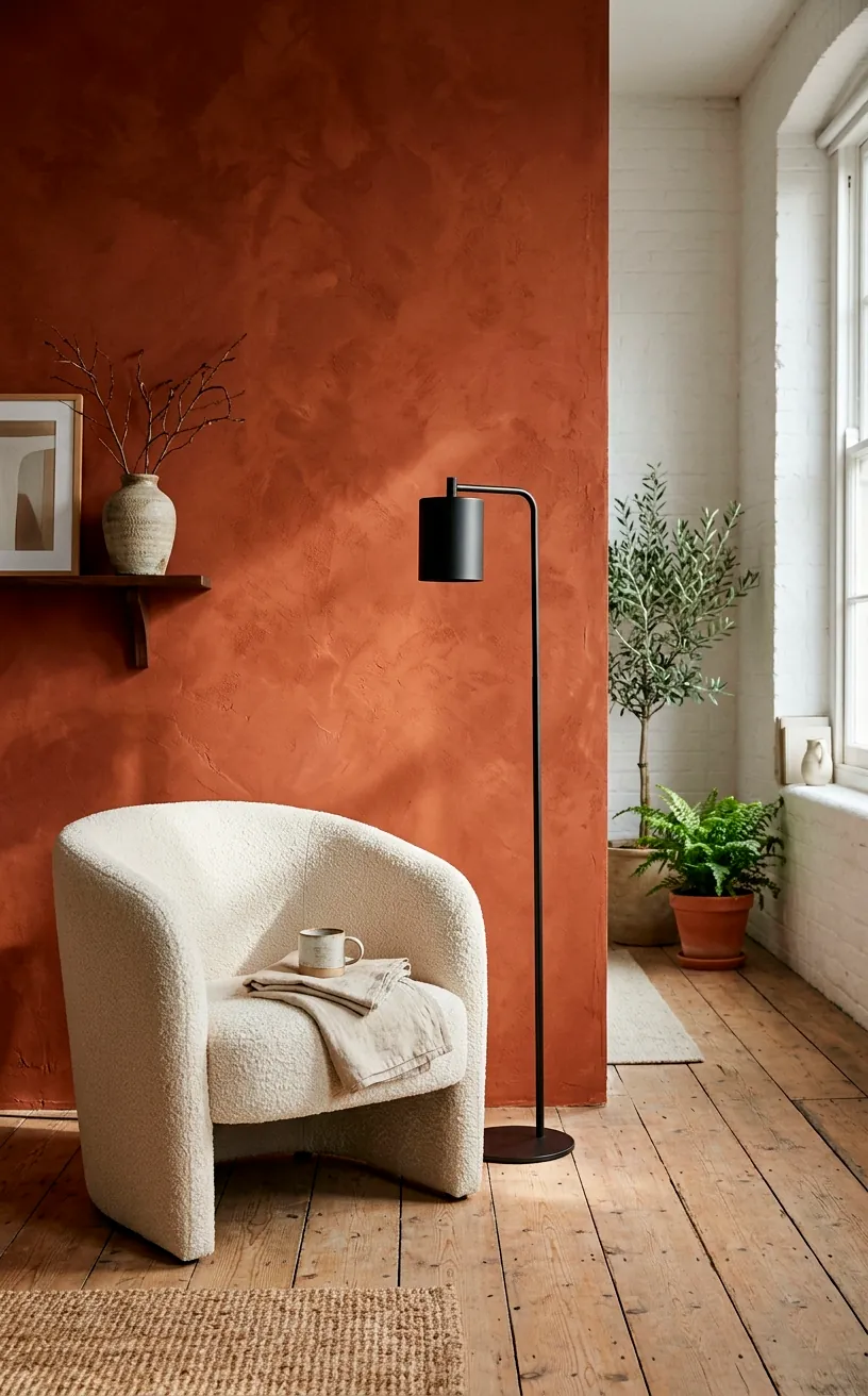 Terracotta rust accent wall behind a cream boucle armchair in a modern living room.