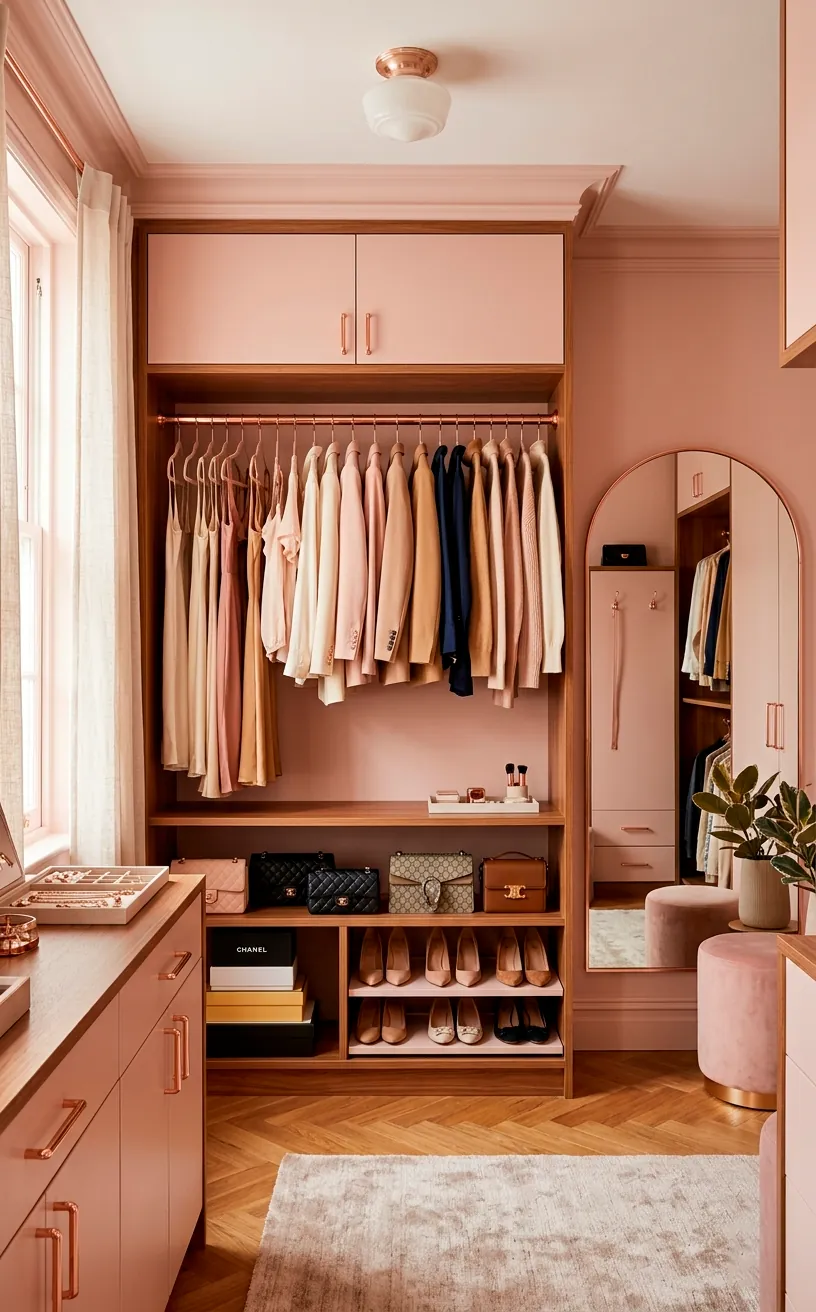 Luxury dressing room closet with blush pink walls and rose gold hardware