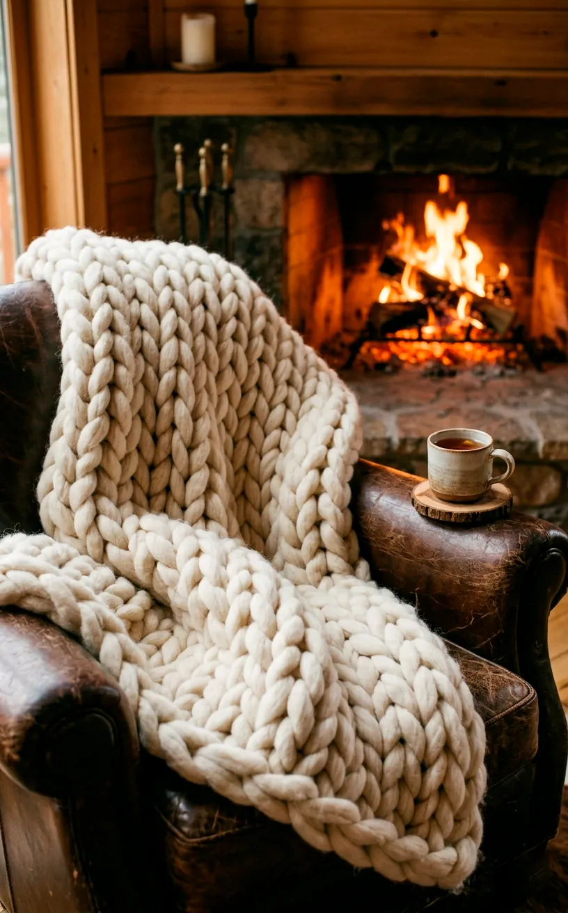 A close up of a luxurious chunky knit blanket draped over an armchair near a warm fireplace.