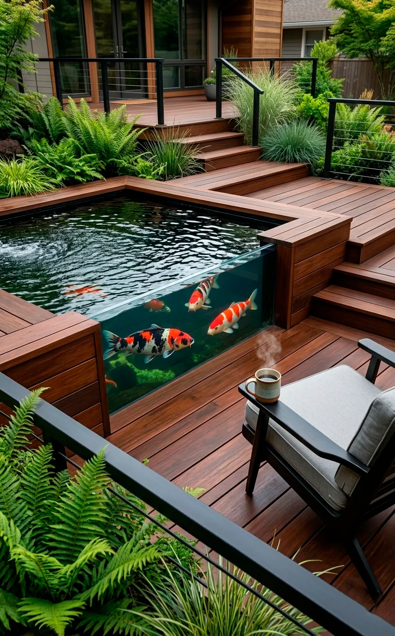 Modern ipe wood deck with an elevated koi pond featuring a glass viewing window.