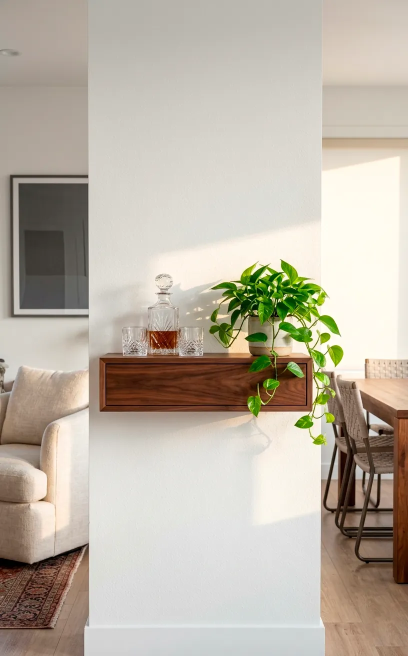 Sleek walnut floating console styled as a modern home bar on a white wall