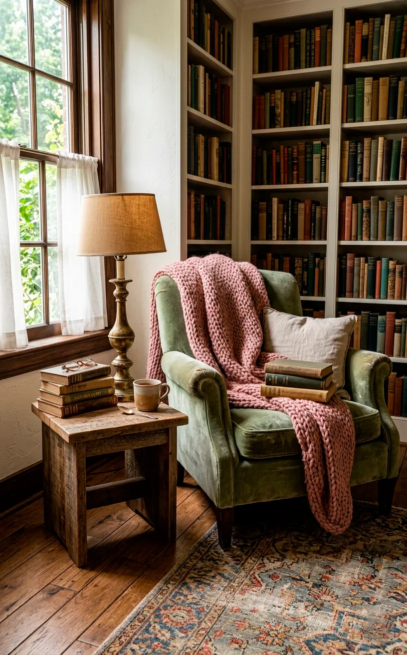 Cozy reading corner featuring a sage green velvet armchair and a dusty pink knit blanket in a sunlit cottage.
