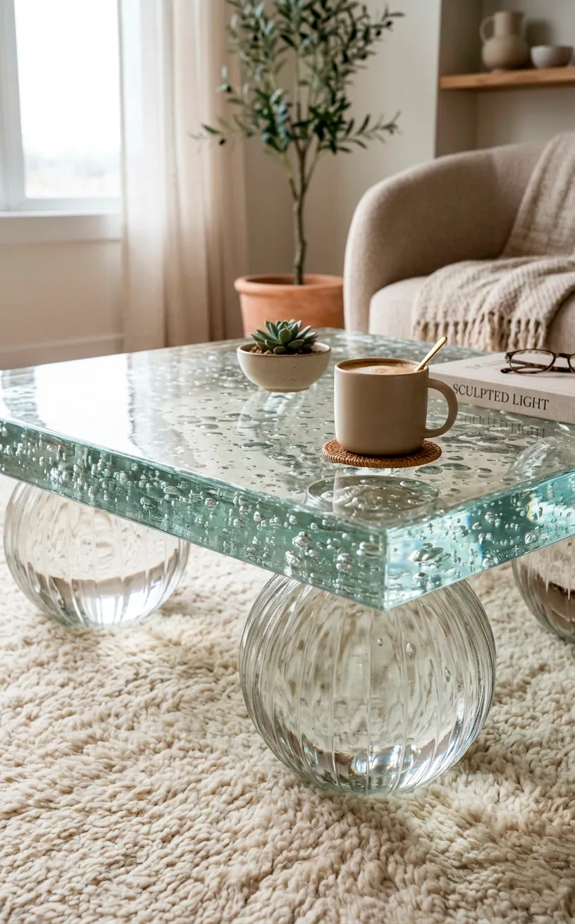Thick bubble glass coffee table with spherical legs resting on a plush rug.