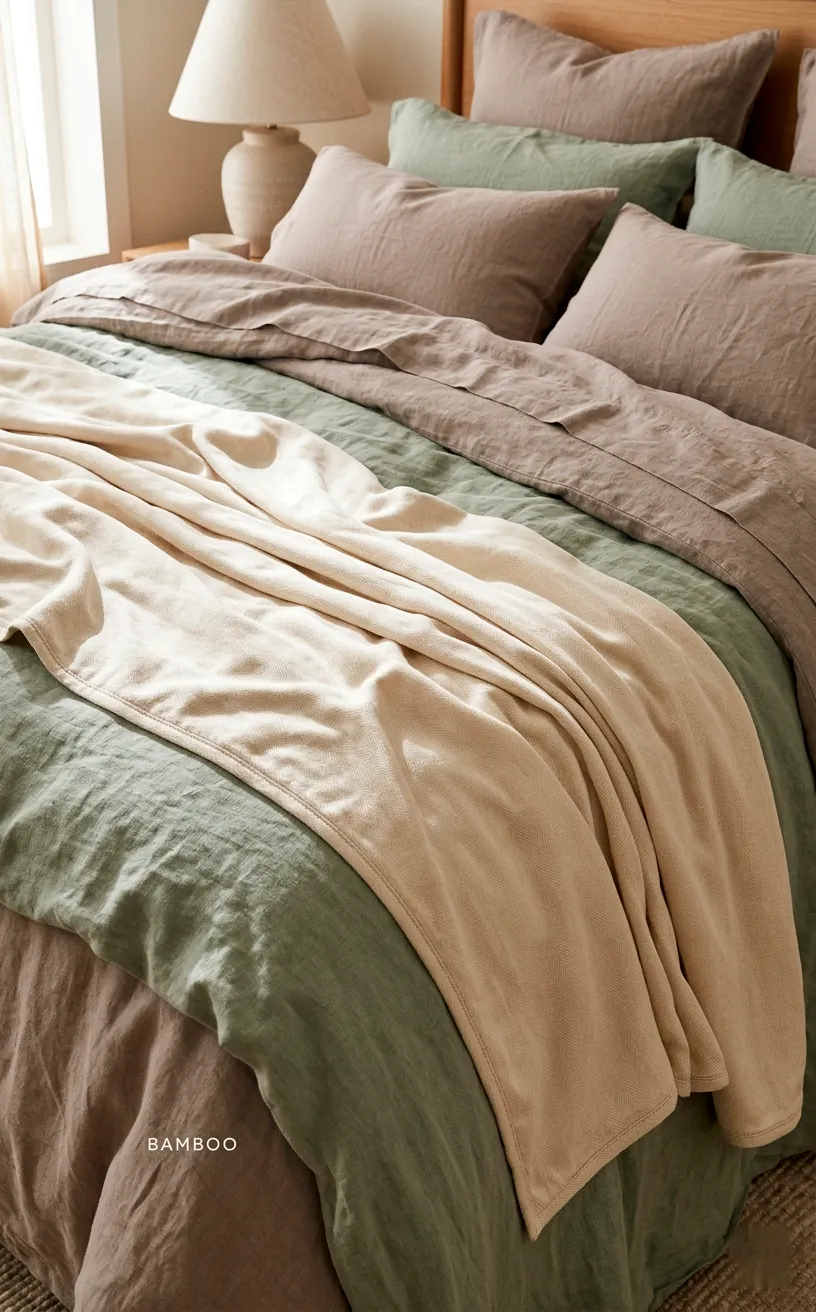 Beautifully draped buttery soft bamboo quilt layered over heavier linen sheets in soft sage and taupe.