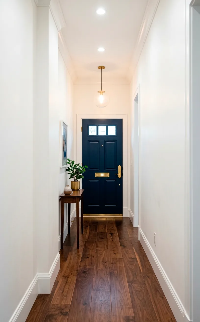 Bright white narrow hallway featuring a bold dark navy blue front door and rich walnut floors.