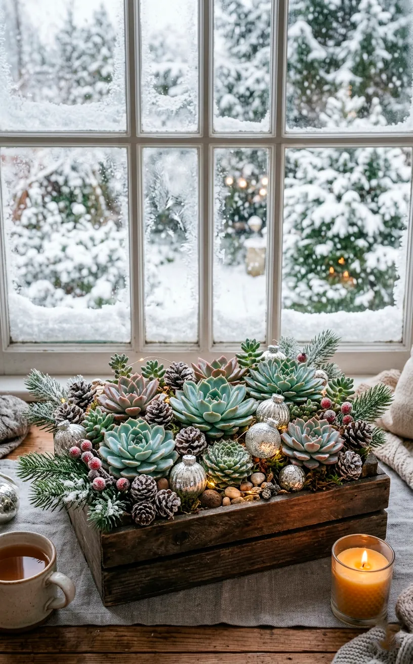 A winter succulent centerpiece featuring miniature frosted pinecones and silver glass ornaments.