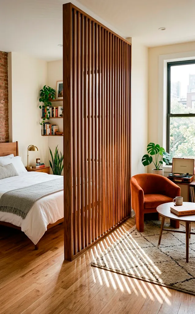 Walnut slatted wood room divider filtering sunlight in a compact studio apartment.