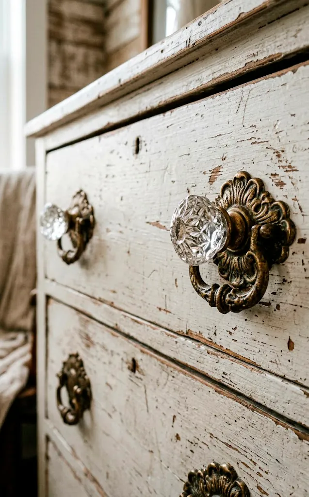 Distressed white dresser featuring vintage antique brass and glass knobs.
