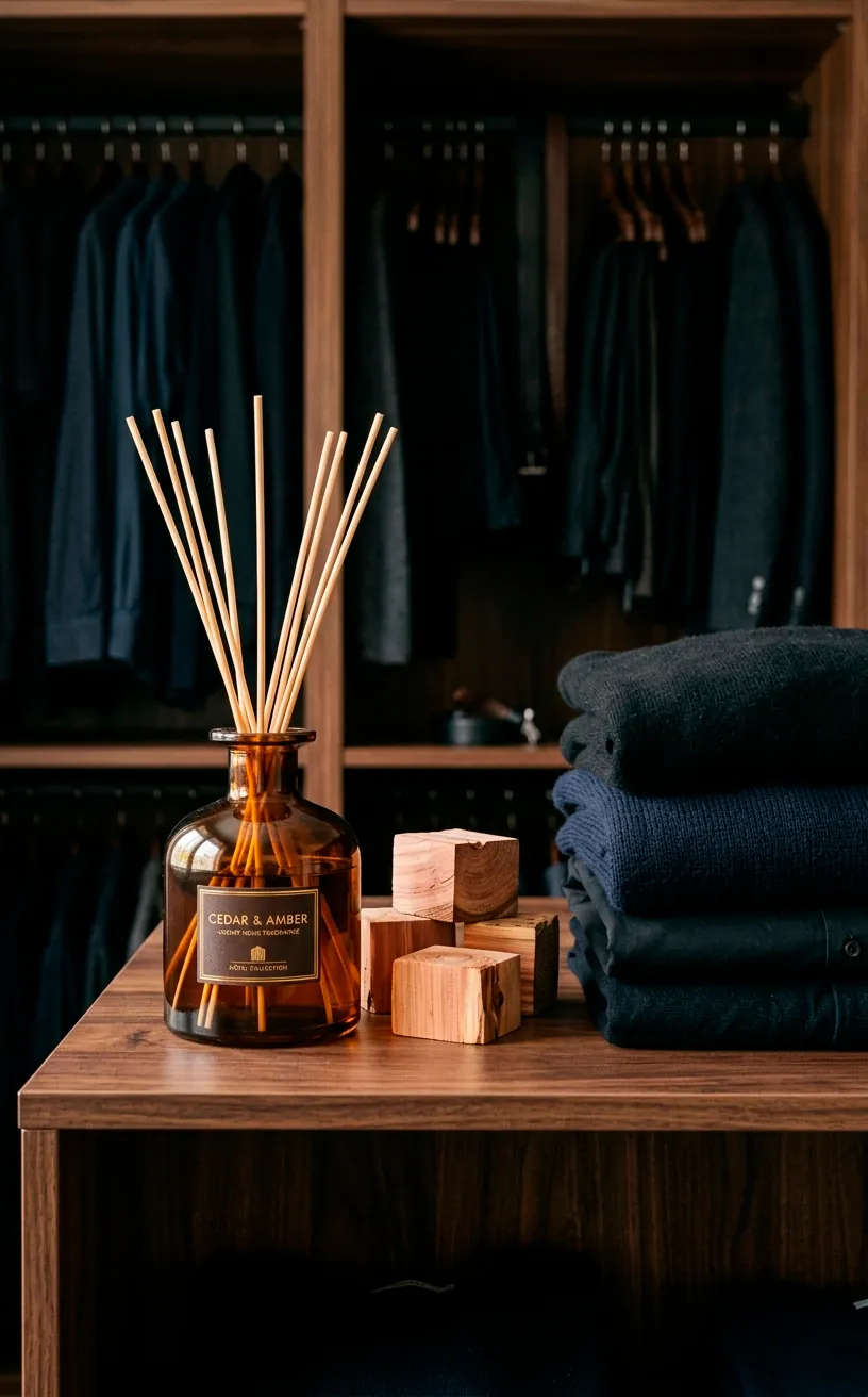 Amber glass reed diffuser and cedar blocks placed on a dark closet shelf.