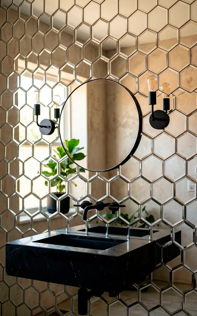 Hexagonal mirror tiles covering a powder room wall behind a matte black faucet