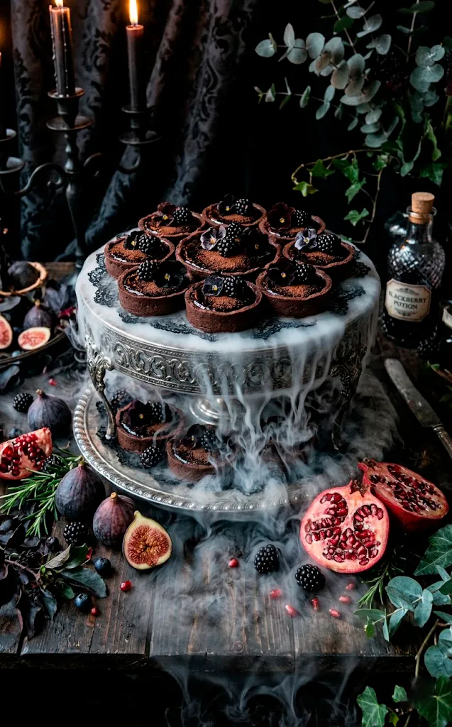 Gothic dessert station with dark chocolate tarts and creeping dry ice fog