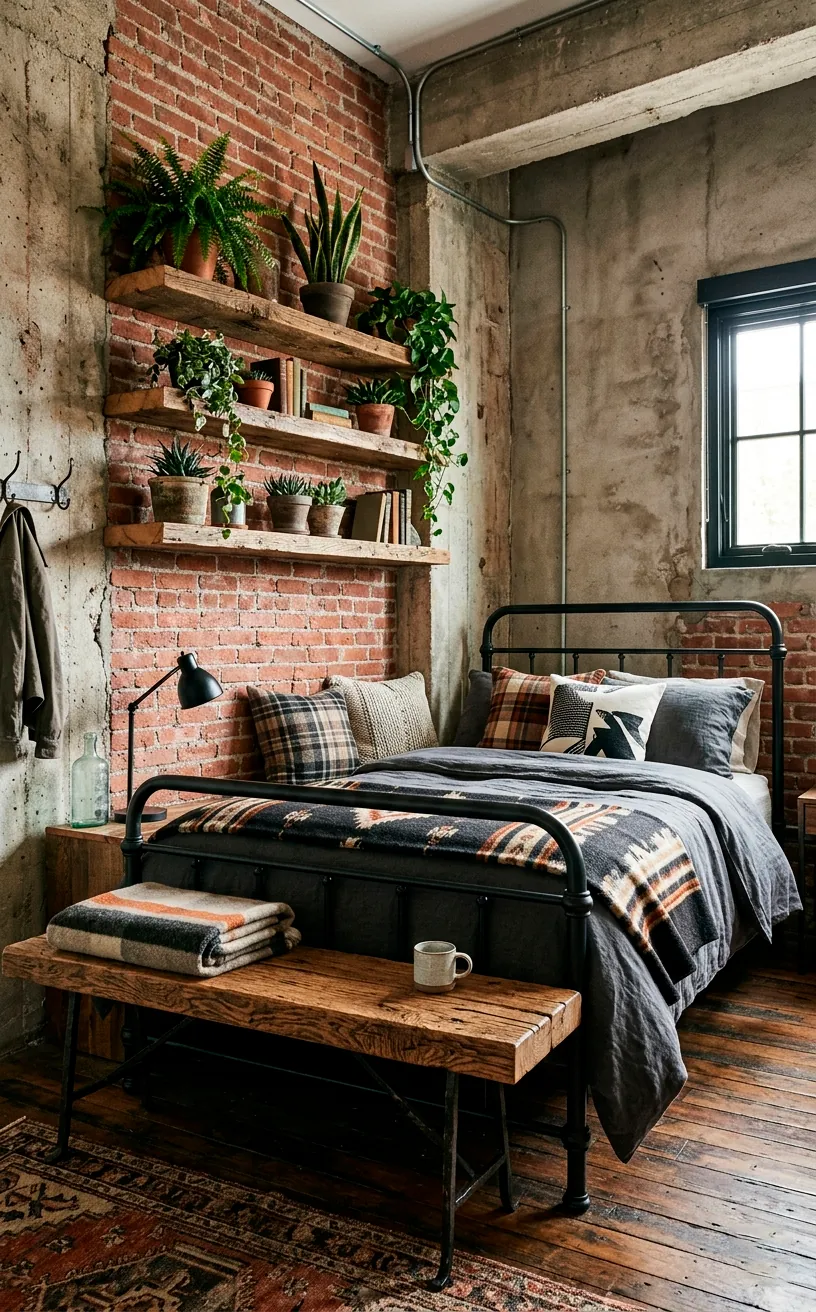Reclaimed wood bench at the foot of a metal twin bed with thick wooden floating shelves on the wall.