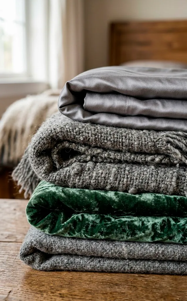 Close-up of mixed bedding textures including sateen, wool, and velvet.