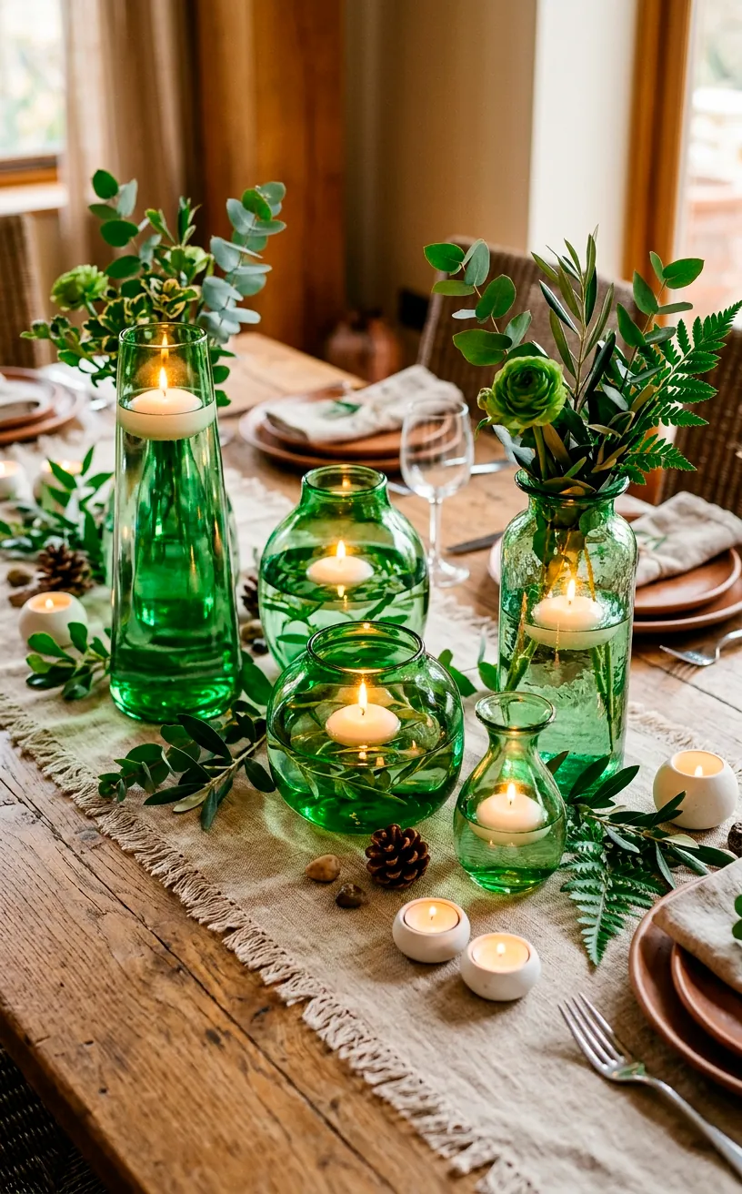 Dining table centerpiece featuring upcycled green vases on a linen runner with glowing floating candles.