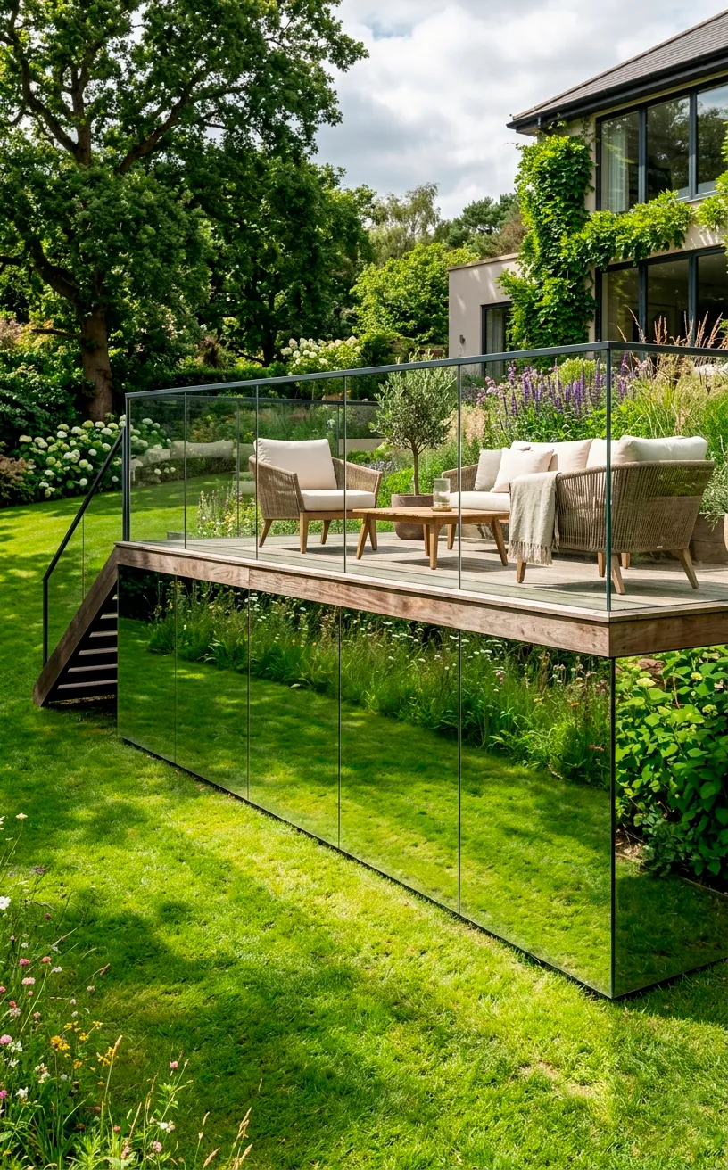 Mirrored retaining wall on a raised patio reflecting the lawn to create a floating effect.