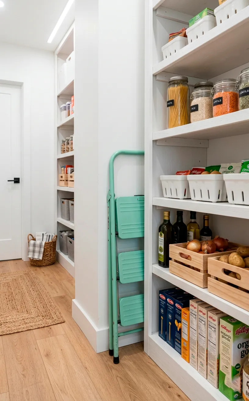 Slim and foldable mint green step stool conveniently stored next to bright white pantry shelves for easy top-shelf access.