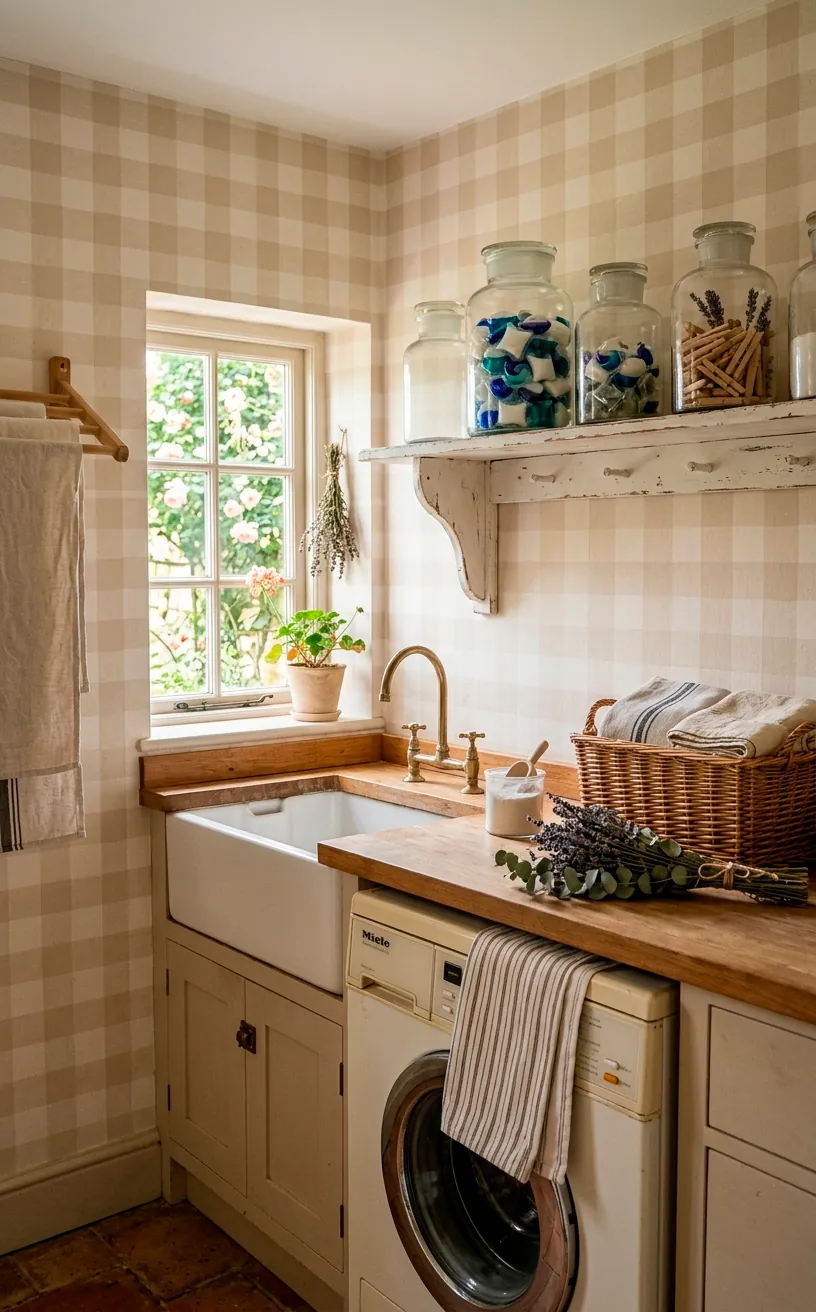 Cottage-core laundry room showcasing pale beige oversized gingham check wallpaper and glass jars